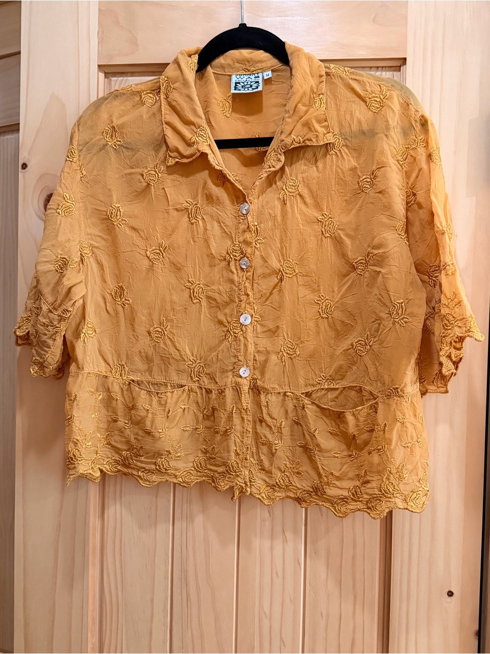 Johnny Was Mustard Yellow Embroidered Sheer Button-Down Shirt Cropped Style Boho
